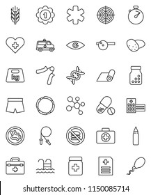 thin line vector icon set - potato vector, stopwatch, jump rope, hand trainer, punching bag, shorts, target, medal, pills, molecule, fitness mat, cereals, pool, no fastfood, first aid kit, hoop, eye