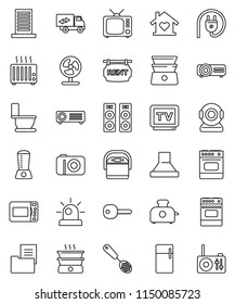 thin line vector icon set - toilet vector, skimmer, oven, double boiler, tv, key, estate document, rent signboard, relocation truck, love home, building, power plug, fridge, siren, hood, microwave