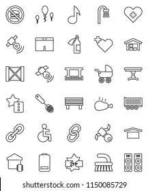 thin line vector icon set - fetlock vector, skimmer, chicken leg, music, shorts, no fastfood, satellite, truck trailer, wood box, dry cargo, film frame, satellitie, link, battery, disabled, potion