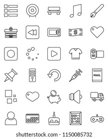 thin line vector icon set - cake vector, pen, university, abacus, music, piggy bank, target, calendar, speaker, heart, thumbtack, play button, backward, rec, syringe, bench, undo, loading, user