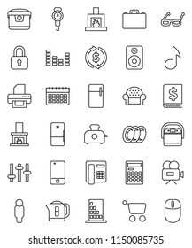 thin line vector icon set - plates vector, scales, glasses, case, calculator, music, exchange, annual report, man, calendar, settings, equalizer, video camera, mobile phone, speaker, fireplace, cart