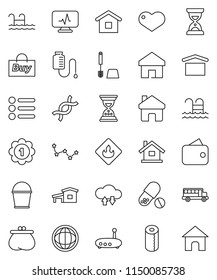 thin line vector icon set - bucket vector, toilet brush, paper, school bus, world, constellation, sand clock, medal, pills, pool, dry cargo, flammable, heart, dna, diagnostic monitor, drop counter