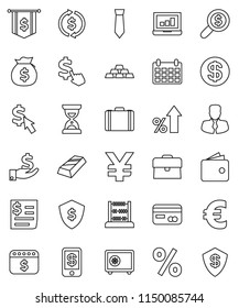 thin line vector icon set - abacus vector, exchange, gold ingot, laptop graph, wallet, percent growth, money bag, manager, case, investment, search, sand clock, dollar flag, tie, shield, safe, yen