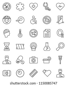 thin line vector icon set - flask vector, heart pulse, pills, cross, first aid kit, oxygen, ambulance star, disabled, doctor, thermometer, magnifier, pregnancy, insemination, crutches, sand clock