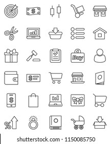 thin line vector icon set - cart vector, japanese candle, laptop graph, wallet, percent growth, office, gift, cash, shopping bag, customer, target, buy, basket, home, list, auction, trolley, catalog