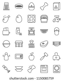 thin line vector icon set - plates vector, camping cauldron, colander, apron, cook timer, press, meat hammer, grater, toaster, oven, cookbook, blender, sieve, cereal, egg, steak, chicken leg, bone