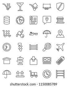 thin line vector icon set - signpost vector, earth, map pin, office, plane, satellite, money, traking, truck trailer, clock, receipt, port, wood box, glass, cargo, umbrella, dry, top sign, hook