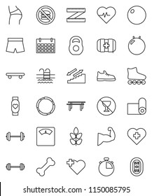 thin line vector icon set - barbell vector, measuring, scales, heart pulse, stopwatch, weight, horizontal bar, fitball, muscule hand, buttocks, snickers, shorts, roller Skates, skateboard, monitor