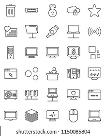 thin line vector icon set - trash bin vector, student, monitor dollar, heart, favorites, hdmi, diagnostic, server, notebook network, folder, cloud lock, big data, browser, share, loading, unlock, pc