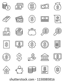 thin line vector icon set - certificate vector, bank, dollar coin, gold ingot, credit card, cash, money bag, piggy, investment, growth, stack, receipt, search, medal, shield, monitor, sign, wallet
