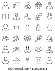 thin line vector icon set - blackboard vector, student, manager, man, personal information, horizontal bar, stairways run, client, speaking, group, disabled, doctor, crutches, head bandage, user