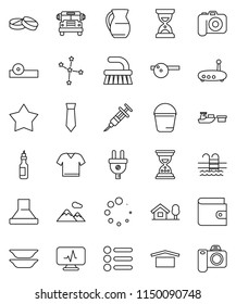 thin line vector icon set - fetlock vector, bucket, plates, jug, oil, school bus, constellation, wallet, sand clock, tie, pool, port, dry cargo, camera, syringe, pills, eye doctor hat, router, menu