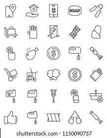 thin line vector icon set - soap vector, cleaner trolley, rubber glove, house hold, mixer, blender, chicken leg, dollar coin, hand trainer, boxing, traking, touchscreen, finger up, crutches, bandage