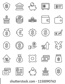 thin line vector icon set - school building vector, bank, dollar coin, credit card, wallet, percent growth, money bag, piggy, investment, check, medal, shield, safe, any currency, euro sign, yen