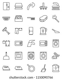 thin line vector icon set - scraper vector, water tap, vacuum cleaner, fetlock, scoop, sponge, iron, steaming, drying clothes, washer, pan, kettle, colander, fridge, microwave oven