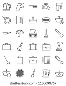 thin line vector icon set - plunger vector, broom, water tap, fetlock, pan, kettle, measuring cup, whisk, spatula, ladle, sieve, case, umbrella, supply, shopping bag, basket
