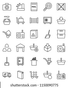 thin line vector icon set - scoop vector, washing powder, cereal, pasta, archive, safe, first aid kit, wood box, cargo, no trolley, warehouse, package, search, radio, mailbox, relocation truck