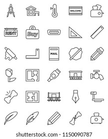 thin line vector icon set - water tap vector, splotch, welcome mat, rolling pin, thermometer, pen, pencil, corner ruler, drawing compass, Railway carriage, tulip, big scales, hdmi, broken bone, plan