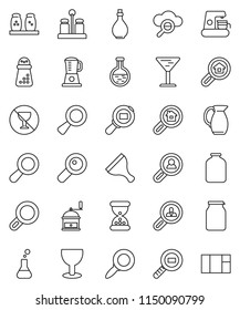 thin line vector icon set - scraper vector, oil, hand mill, spices, jug, jar, magnifier, no alcohol sign, glass, cargo search, flask, sand clock, cloud, estate, client, coffee maker, blender, window