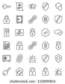 thin line vector icon set - certificate vector, personal information, dollar shield, safe, protected, link, cloud, server, chain, lock, unlock, key, siren, smart home, protect