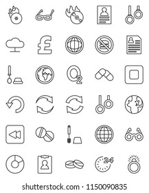 thin line vector icon set - toilet brush vector, glasses, world, personal information, pie graph, pound, no fastfood, gymnast rings, oxygen, earth, music hit, stop button, backward, pills, refresh