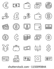 thin line vector icon set - exchange vector, dollar coin, japanese candle, credit card, wallet, cash, investment, stack, check, shield, monitor, any currency, euro sign, pound, yen, cent, money