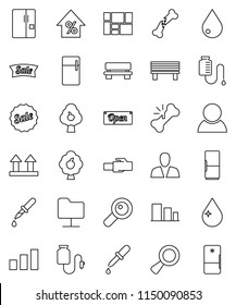 thin line vector icon set - water drop vector, percent growth, consolidated cargo, top sign, sorting, magnifier, dropper, broken bone, counter, network folder, lan connector, bench, fruit tree, sale