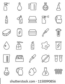 thin line vector icon set - sponge vector, water drop, splotch, liquid soap, sprayer, cleaning agent, oil, measuring cup, jug, flask, enegry drink, vial, dropper, blood, potion, filter