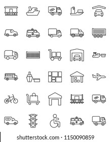 thin line vector icon set - school bus vector, bike, Railway carriage, plane, traffic light, ship, truck trailer, sea container, delivery, car, port, consolidated cargo, warehouse, disabled, garage