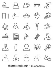 thin line vector icon set - blackboard vector, student, manager, man, personal information, horizontal bar, stairways run, client, speaking, group, disabled, doctor, crutches, head bandage, user