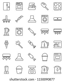 thin line vector icon set - vacuum cleaner vector, bucket, kettle, scales, oven, blender, air conditioner, fridge, washer, coffee maker, hood