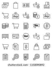thin line vector icon set - dollar coin vector, cart, credit card, stack, receipt, estate document, search, new, shopping bag, buy, barcode, reader, basket, list