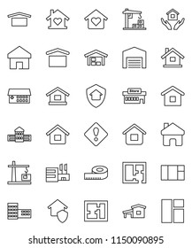 thin line vector icon set - house hold vector, school building, measuring, dry cargo, hospital, home, attention sign, cottage, barn, plan, love, construction crane, protect, mall, window