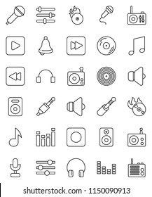 thin line vector icon set - bell vector, music, disk, hit, microphone, radio, speaker, equalizer, headphones, play button, forward, backward, rec, jack