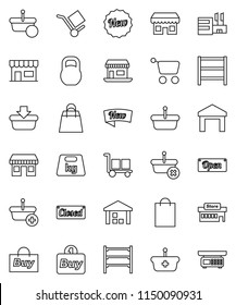 thin line vector icon set - office vector, cargo, warehouse, weight, shelving, new, open, closed, shopping bag, store, mall, buy, basket, cart, scales