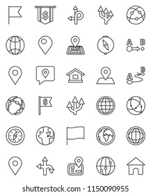 thin line vector icon set - compass vector, world, flag, dollar, route, navigator, earth, map pin, traking, internet, connection, globe, arrow, home