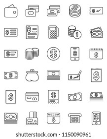 thin line vector icon set - credit card vector, cash, coin stack, check, receipt, dollar calendar, money, wallet, reader, tap pay