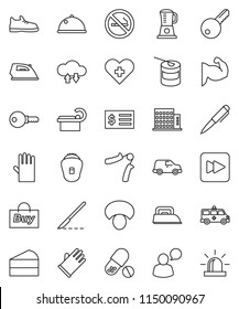 thin line vector icon set - iron vector, rubber glove, dish, mushroom, cake, pen, receipt, hand trainer, muscule, snickers, pills, sports nutrition, no smoking, car, speaking man, forward button