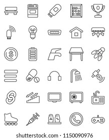 thin line vector icon set - water tap vector, shower, sink, oven, spices, award cup, abacus, dollar coin, safe, roller Skates, pills, stairways run, shuttlecock, satellitie, headphones, monitor