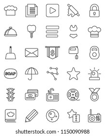 thin line vector icon set - soap vector, scoop, sink, cook hat, rolling pin, mixer, cookbook, dish, pencil, dollar flag, weight, swimsuite, medal, traffic light, document, umbrella, film spool, menu