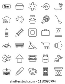 thin line vector icon set - vacuum cleaner vector, sponge, washing powder, ladle, rolling pin, pasta, university, pencil, case, backpack, exchange, arrow up, bike, water bottle, hoop, warehouse
