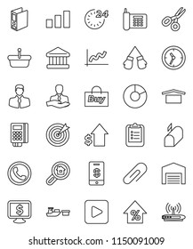 thin line vector icon set - clipboard vector, scissors, bank, graph, pie, percent growth, dollar, binder, monitor, boxing glove, phone, client, clock, port, dry cargo, sorting, play button, barn