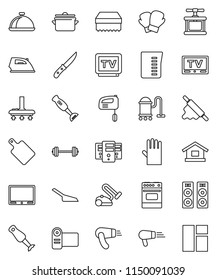 thin line vector icon set - vacuum cleaner vector, scoop, sponge, iron, rubber glove, pan, measuring cup, cook press, knife, rolling pin, cutting board, oven, blender, dish, barbell, boxing, tv