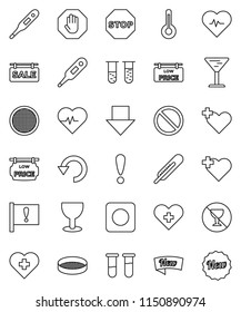 thin line vector icon set - sieve vector, arrow down, heart pulse, prohibition sign, no alcohol, cross, attention, glass, rec button, thermometer, vial, undo, stop, sale signboard, low price, new