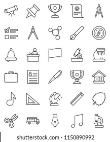thin line vector icon set - pen vector, corner ruler, drawing compass, student, case, telescope, microscope, bell, table lamp, paper pin, award cup, certificate, scissors, school bus, music, flag