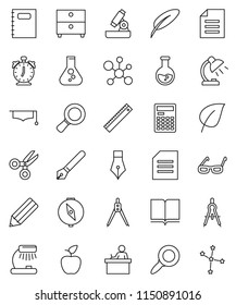 thin line vector icon set - book vector, copybook, graduate hat, pen, pencil, ruler, drawing compass, glasses, student, apple fruit, microscope, table lamp, calculator, alarm clock, scissors, flask