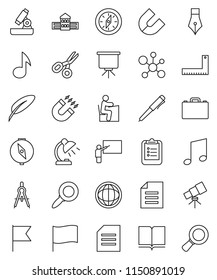 thin line vector icon set - book vector, pen, school building, blackboard, corner ruler, drawing compass, student, case, telescope, microscope, table lamp, clipboard, magnet, scissors, presentation
