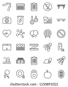thin line vector icon set - diet vector, measuring, heart pulse, stadium, clipboard, pills vial, weight, jump rope, hand trainer, horizontal bar, boxing glove, shorts, skateboard, target, molecule