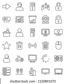thin line vector icon set - trash bin vector, student, laptop graph, monitor dollar, heart, support, gamepad, favorites, server, big data, arrow, loading, user, unlock, ari condition, wireless, lock