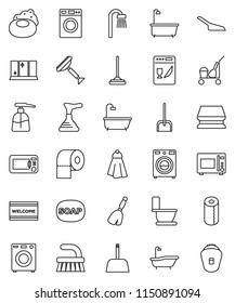 thin line vector icon set - soap vector, plunger, scraper, cleaner trolley, broom, fetlock, mop, scoop, sponge, towel, welcome mat, bath, toilet, washer, liquid, shining window, paper, dishwasher